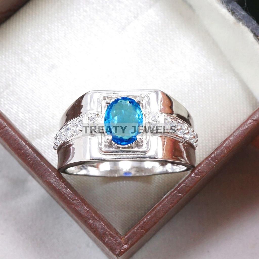 Blue Topaz Oval Cut Gemstone With 925 Sterling Silver Ring For Men's #A895 JL375669057802