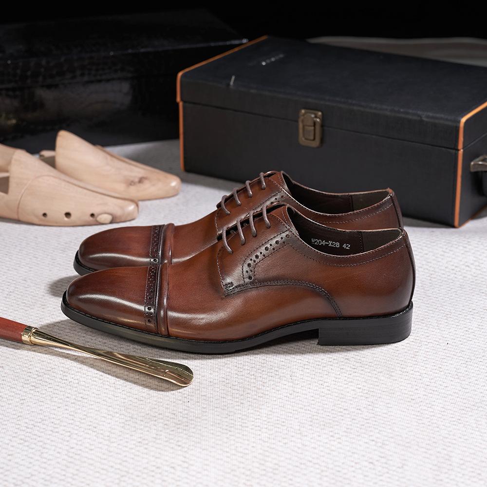 Men'S Leather Shoes Fashionable High-End Classic Three-Joint Derby Shoes Cowhide Lace-Up Breathable Gentleman Business Dress Leather Shoes