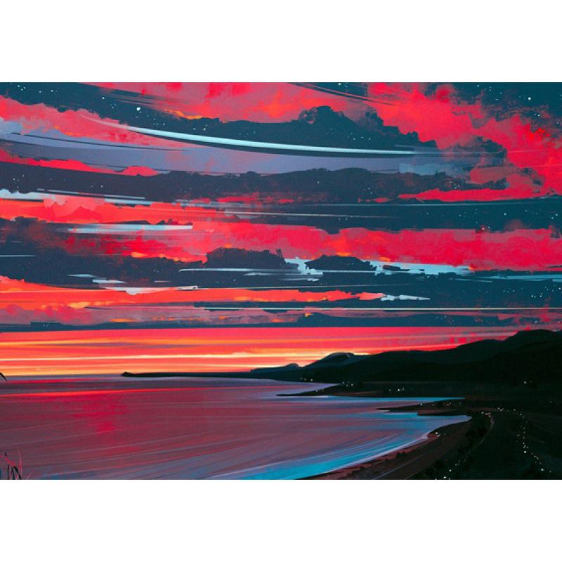 Free Shipping Sunrise Landscape Oil Painting Poster for Dorms, Cafes, Bedrooms, and Bars – Decorative Wall Art with Frame
