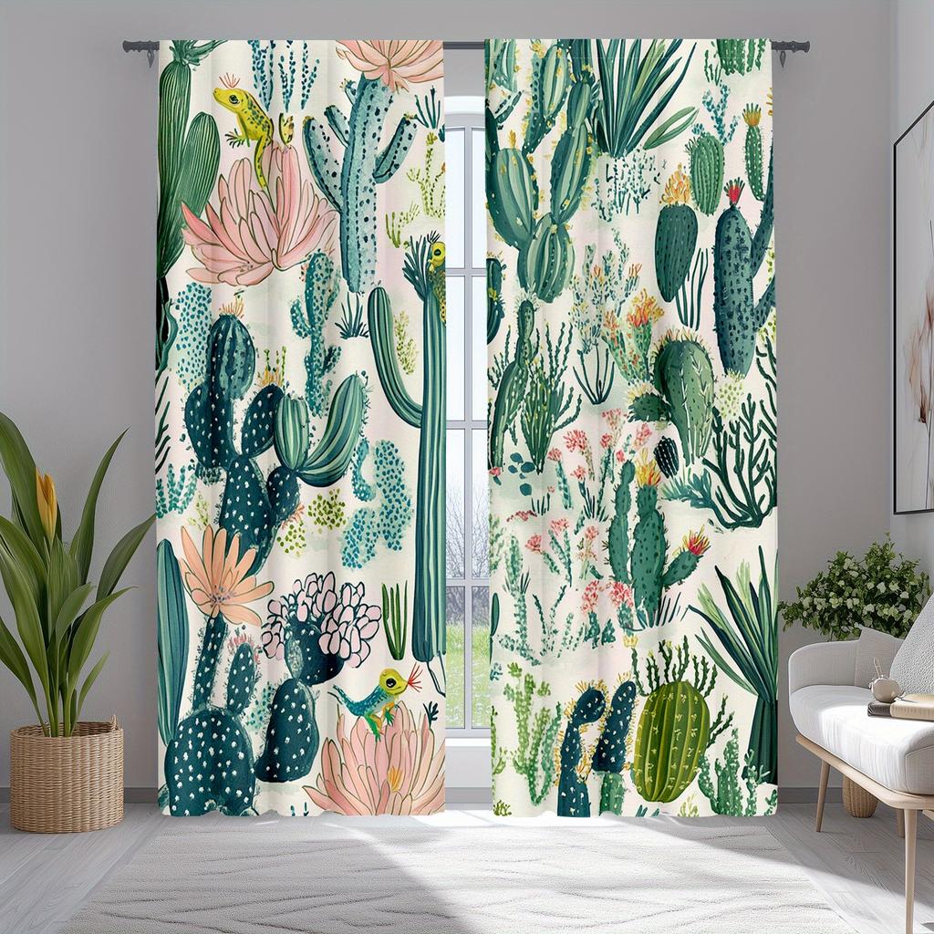 2pcs Tropical Desert Floral Landscape Curtains, Vintage Succulents and Cactus Design, for Living Room and Kitchen
