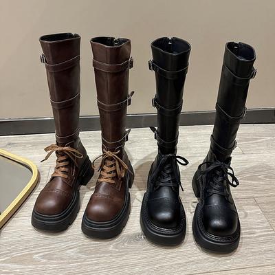Модные женские высокие сапоги кожаные туфли зимние дизайнерские на среднем каблуке туфли на платформе для женщин 2024 трендовые высокие сапоги для элегантных женщин