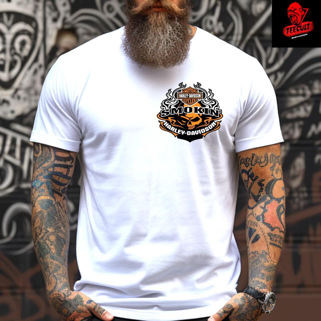 Мужские и женские футболки Harley-Davidson Motorcycles 'Smokin' Премиум Унисекс Хлопок Байкерские