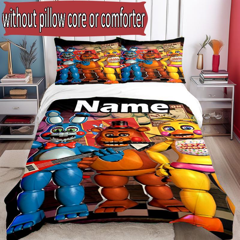 3pcs Duvet Cover Set (1*Duvet Cover + 2*Pillowcase, Without Core), Custom Name Five Nights at Freddy's Pattern Bedding Set, Home Bedroom Decor Gift