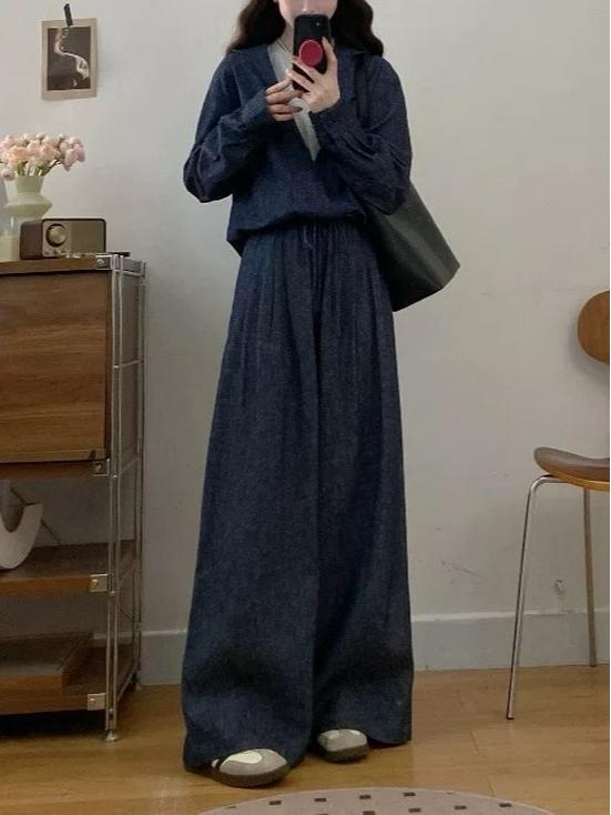 2025 Autumn Linen-Cotton Denim Set: Faux Two-Piece Jacket with Loose Wide-Leg Pants