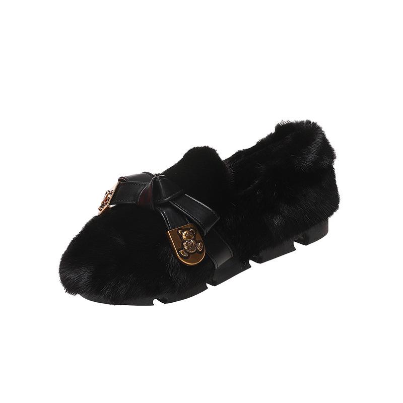 Зимние женские мокасины в корейском стиле из меха норки с бантом 2023 года: Теплые туфли на плоской подошве без застежек