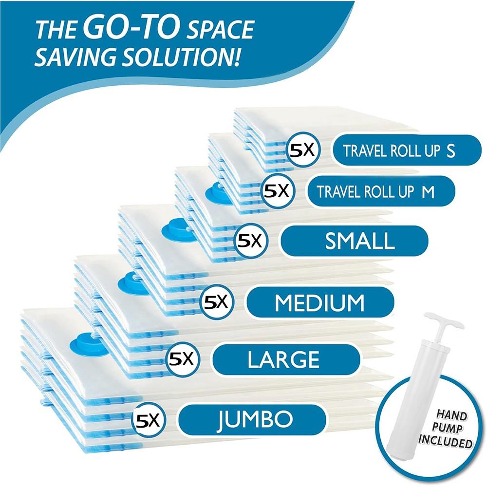 30 Pack Vacuum Storage Bags with Pump Space Saver Storage Bags Vacuum Seal Bags for Clothing Pillows Bedding Travel Organizer