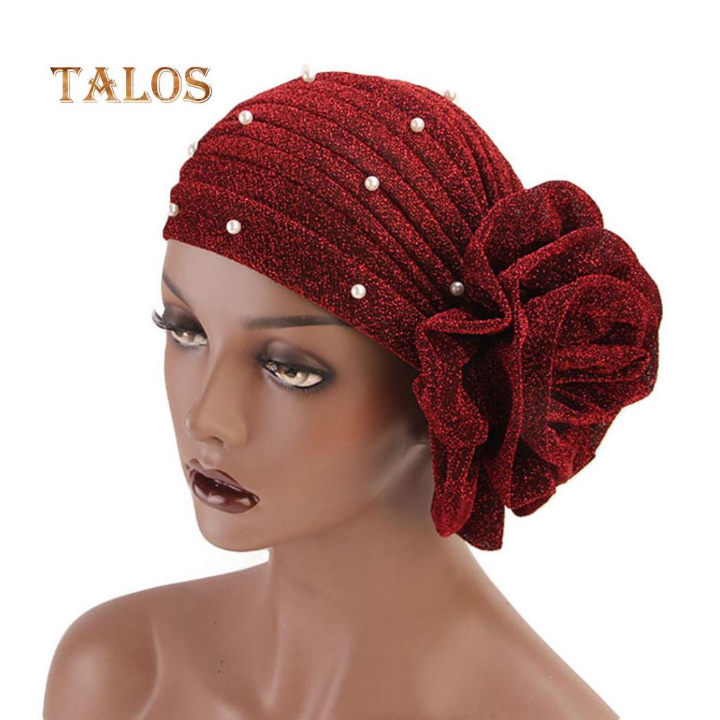 TALOS Fashion Faux Pearl Decor Big Flower Women Hijab Turban Hat Head Wrap
