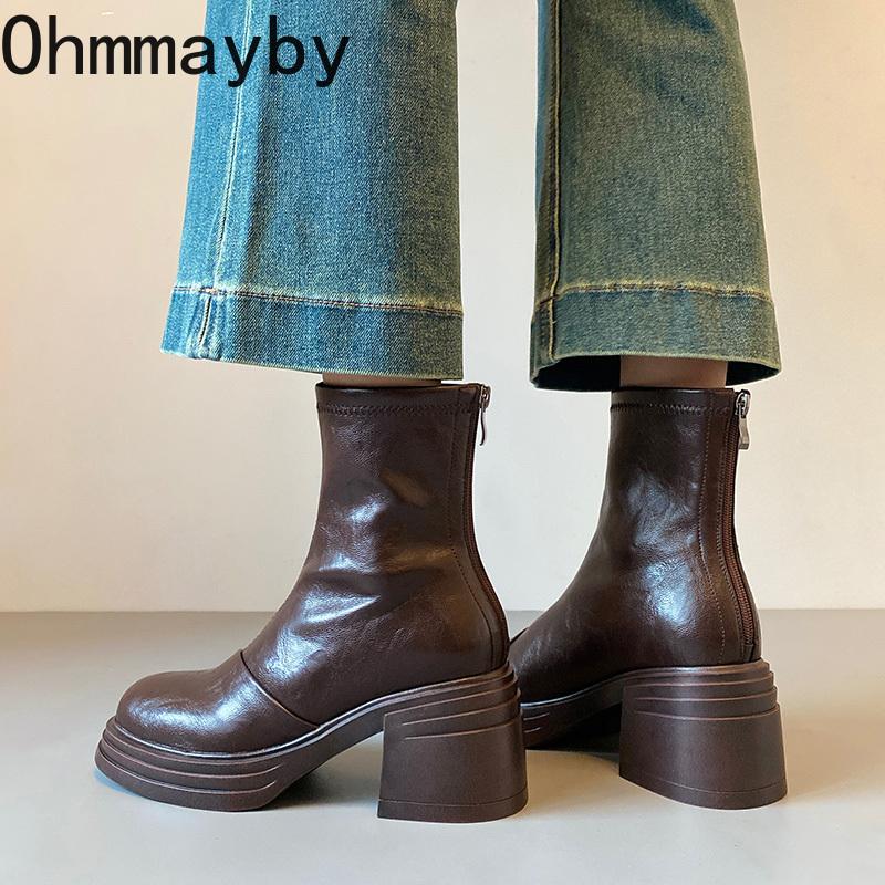 Designer Women Stretch Modern Ankle Boots Fashion Thick Heel Shoes Concise Short Botas De Mujer