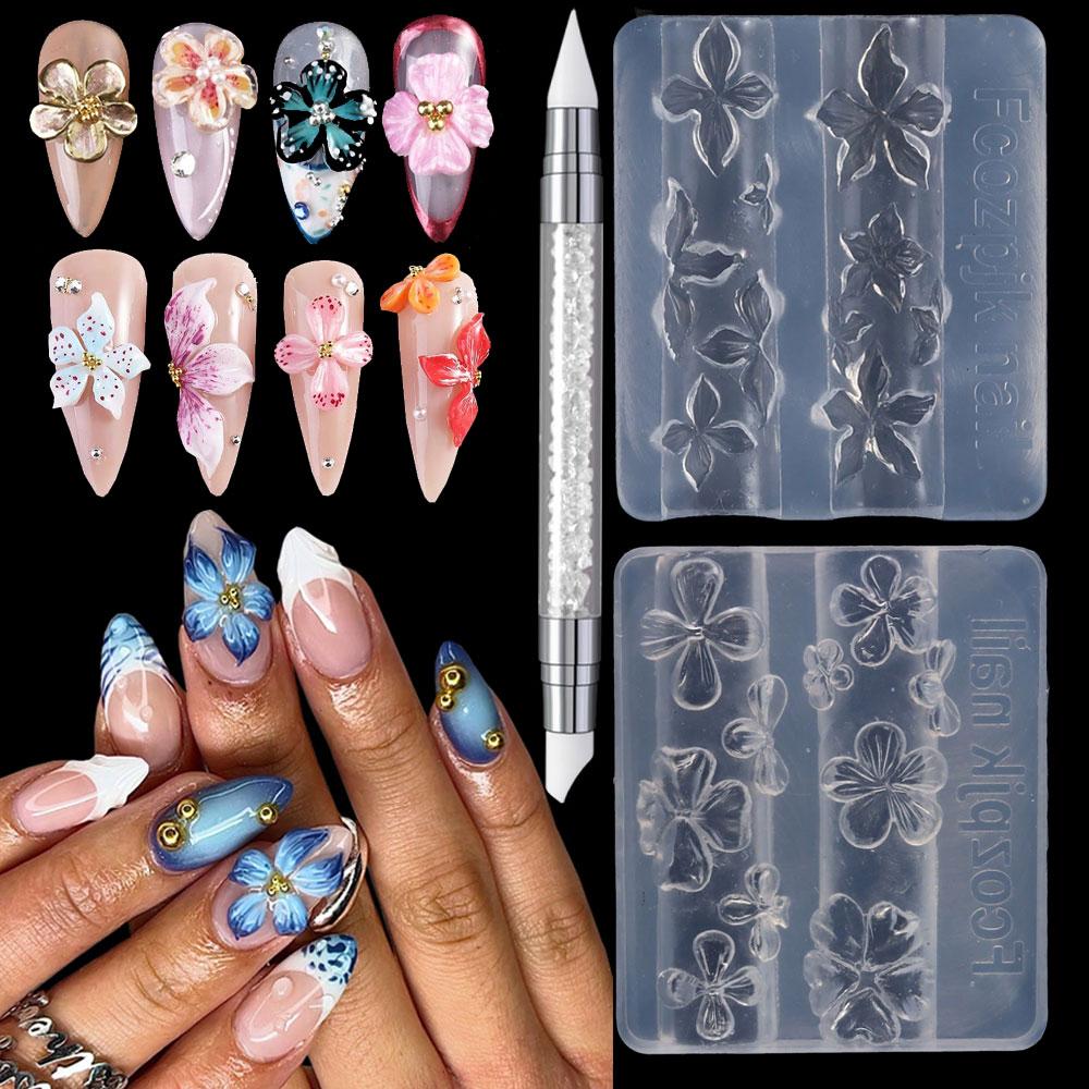 2/3Pcs Blooming Camellia/Orchid/Lily Flower Nail Carving Mold Clear Silicone 5-Petal Flower Nail Gel Printing Mold Nail Tools 8!