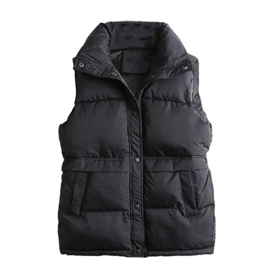 Women Winter Coat with Pockets Press Button Closure Padded Stand Collar Sleeveless