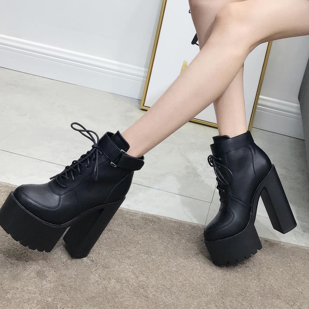 Fashion Black Platform Boots Women Zipper Autumn High Heels Shoes Lace Up Ankle Boots Russian Shoes