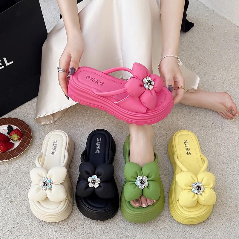Women's Slippers Flower Platform Sole Rhinestones Shoes Women Dress Outdoor Summer Korean Style 2025 Zapatillas De Mujer
