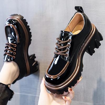 Туфли-лодочки на толстой платформе в британском стиле, повседневные женские осенние туфли на шнуровке, на толстом каблуке, женские туфли из лакированной кожи с круглым носком