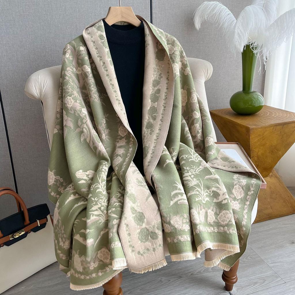 Classic Floral Print Polyester Scarf for Women - Thick Warm Shawl with Short Fringe - Weekend Casual Decorative Wrap - Windproof, Woven Craftsmanship