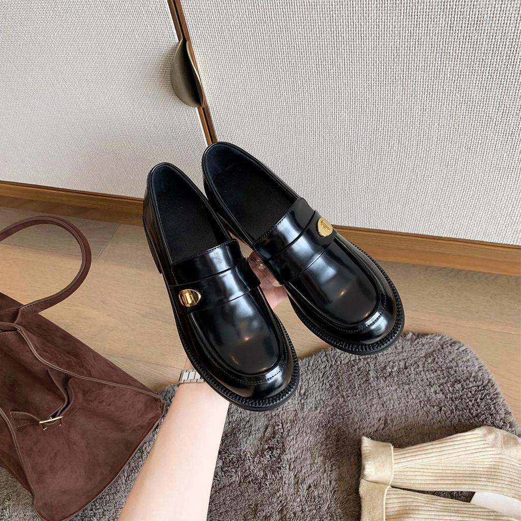 Cowhide Version~ Small Leather Shoes British Style Women's High Versatile Round Head Gold Buckle One Pedal Thick Heel Loafers Uniform Single Shoes