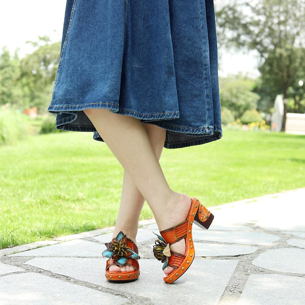 Johnature Женская обувь из натуральной кожи с ручной росписью, уличные тапочки, шлепанцы на высоком каблуке в стиле ретро, ​​босоножки на платформе