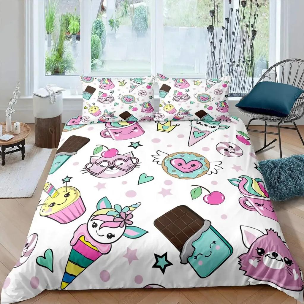 Комплект пододеяльника с кошкой-единорогом размера queen, Комплект постельного белья с радужным единорогом, Мультяшный комплект постельного белья для девочек с волшебными животными и сладким мороженым