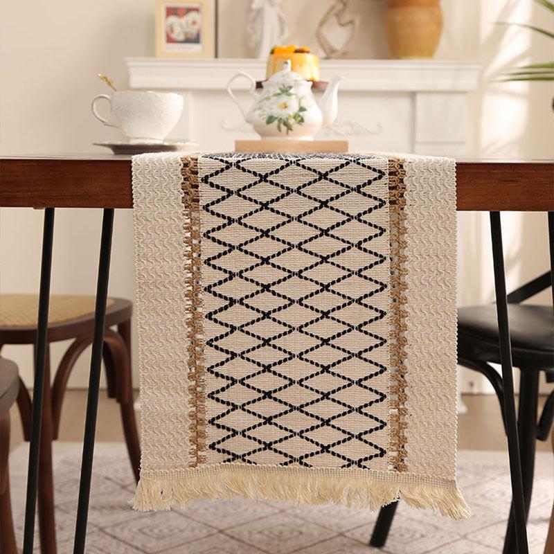 Дорожка для стола с кисточками из хлопка и льна в этническом стиле - легкое роскошное праздничное украшение
