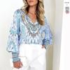 Autumn Winter Womens Clothes Elegant V-neck Printed Bohemian Blouse Fashion Lantern Long Sleeve Loose Shirt Clothing 30093
