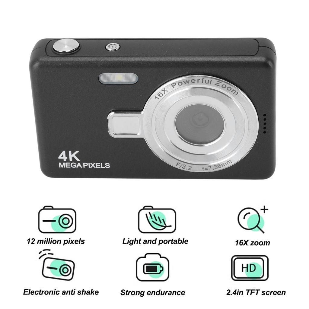 12MP 1080P Digital Camera with 2.4in TFT Screen, 16X Zoom, Autofocus, Pocket Digital Camera for Students, Vlogging, and Travel (Black)