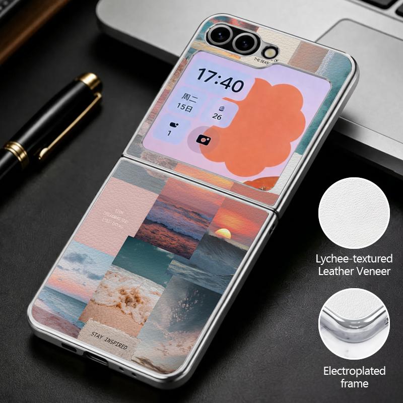 Чехол с пляжным аниме-пейзажем для Samsung Z Flip 8 7 6 5 Гибридный 3-в-1 Кожаная накладка с металлическим ободком Жесткая складная крышка для телефона для Galaxy Z Flip8 Flip7 Flip6