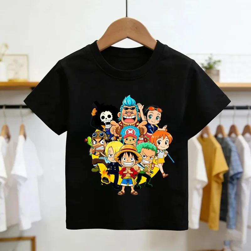 2026 One Piece Anime Mens Cotton Top Boy Summer Short Sleeve Childrens Luffy One Piece Cartoon Print Tshirt Kids Clothes