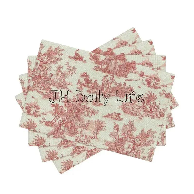 Французские салфетки под тарелки Toile De Jouy, набор из 4 штук, водонепроницаемые, термостойкие, льняные, для домашней вечеринки, декора обеденного стола, 12x18 дюймов