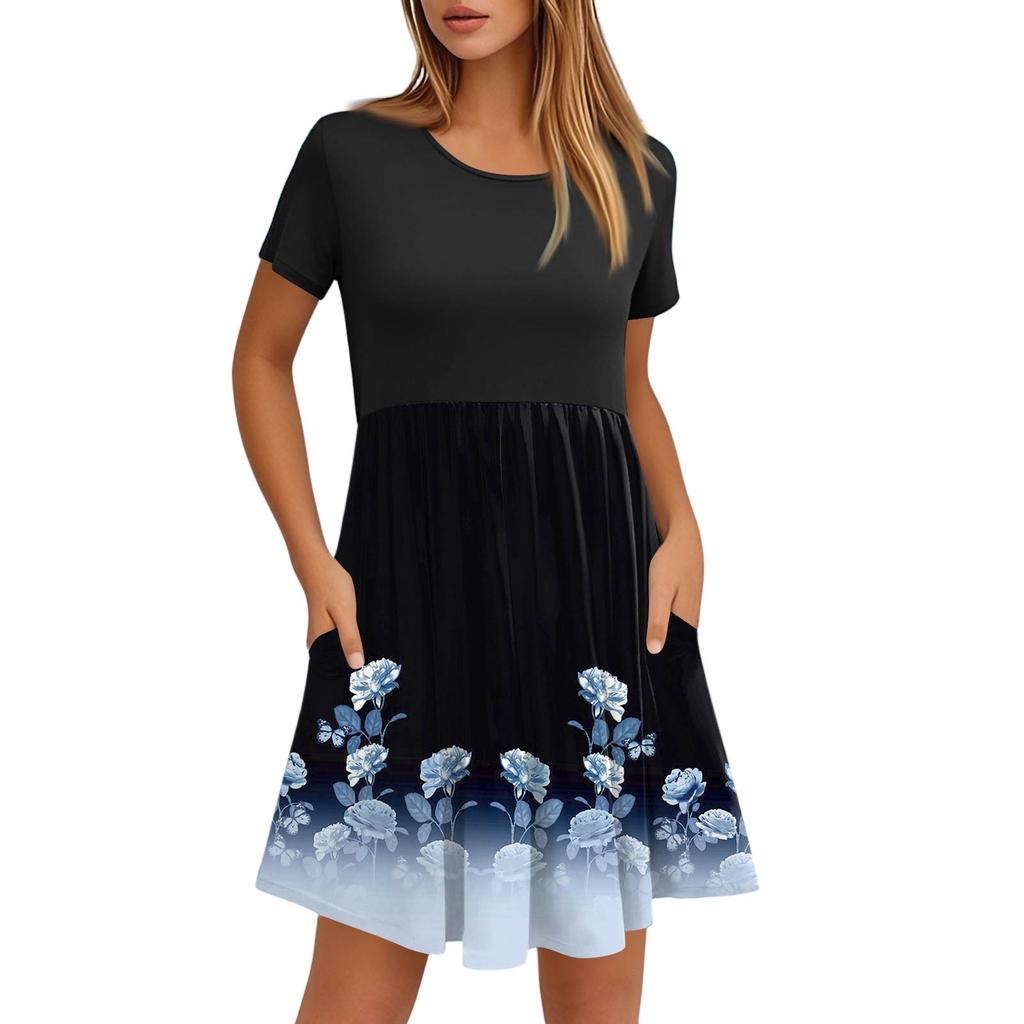 Женские модные повседневные свободные платья с круглым вырезом и коротким рукавом с принтом и карманами