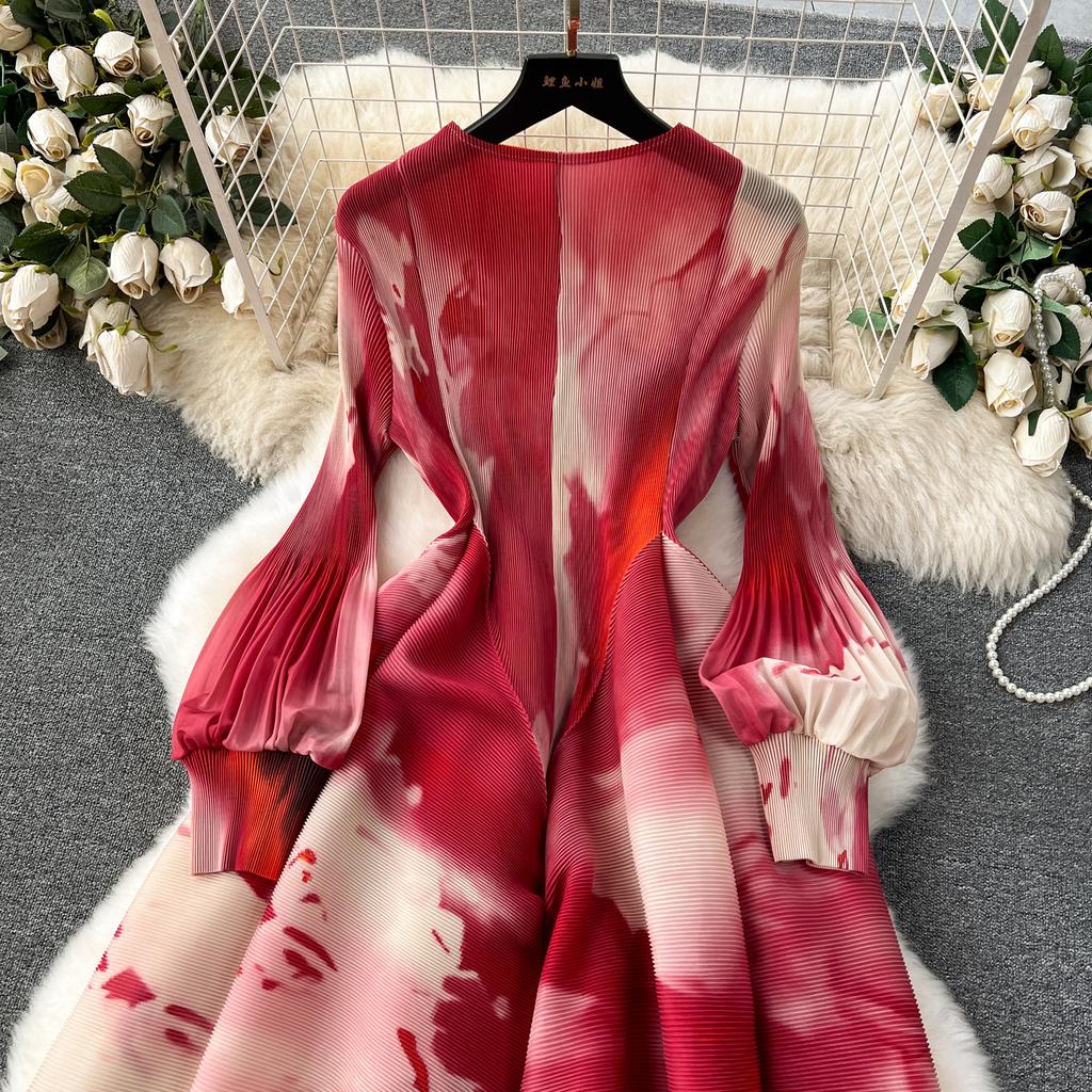 French Senior Temperament Luxury Dress Ladies 2024 Newest O-Neck Ruched Print Tie Dye Design Fashion Chic Long Dress