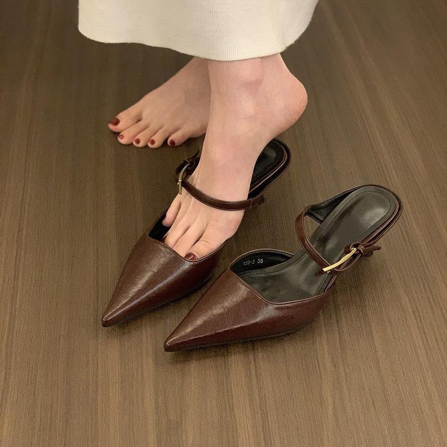 French Black Medium High Heels Bag Head Half Slippers Women's Shoes Wear 2025 New Temperament Socialite Half Tray Single Shoes