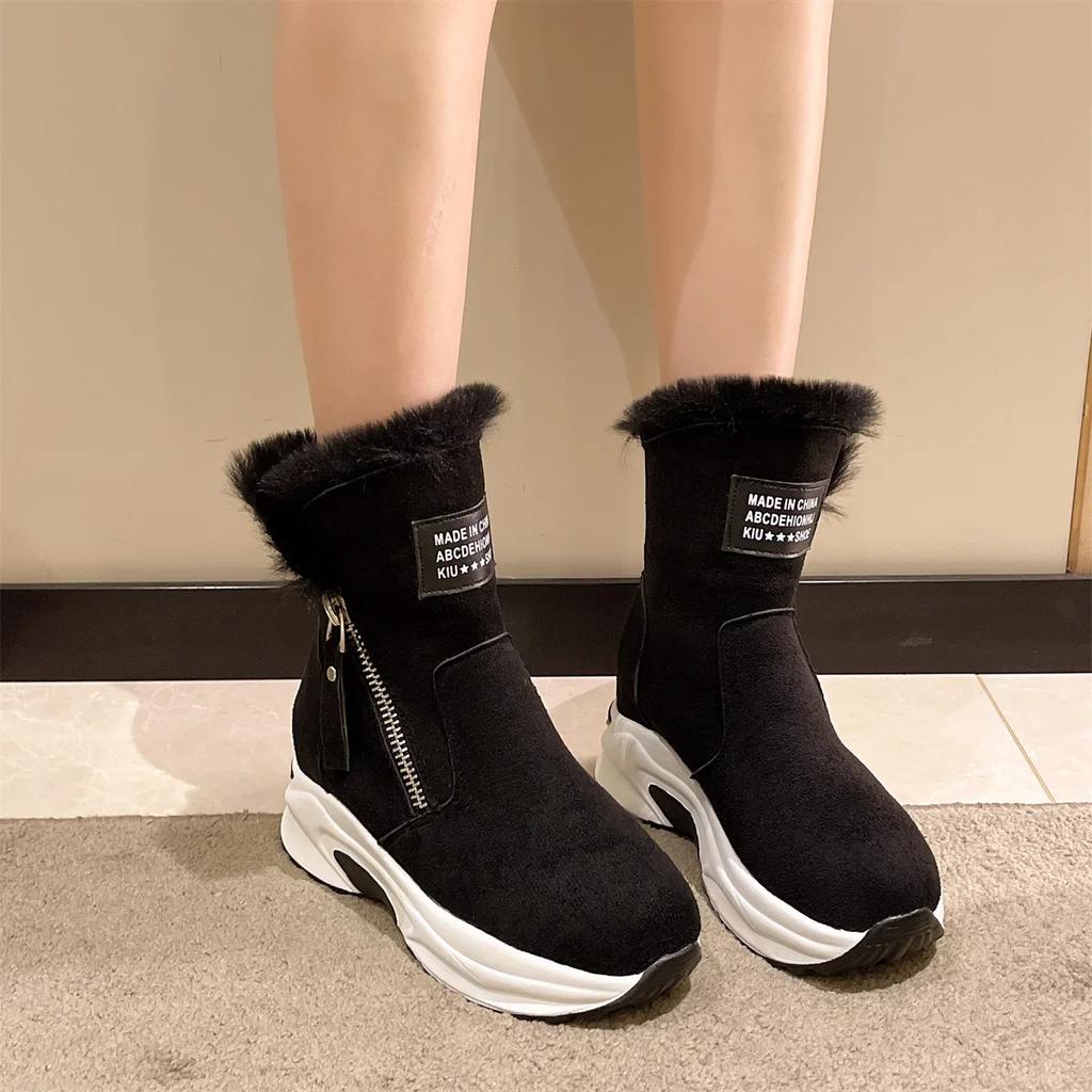 Fashion Women Ankle Boots Warm Plus Fleece Thick Sole Winter Women Snow Boots Fashion Side Zipper Wedge Outdoor Sneakers Botas Mujer