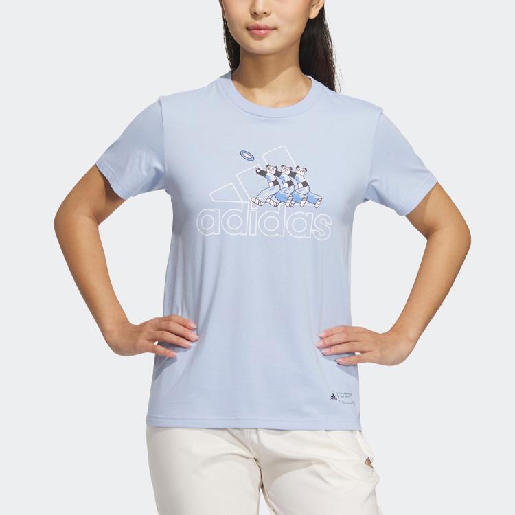 adidas Футболка с коротким рукавом Badge Of Sport Cartoon Panda Alphabet Logo Print Casual Women Tops Light-Pozdow Blue IP3936