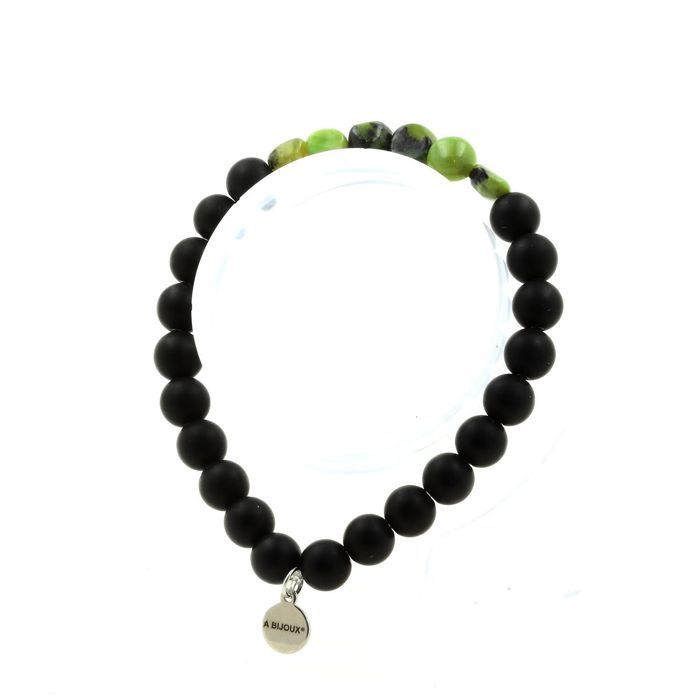 Stones and Minerals. Nephrite Jade Bracelet from Xiuyan China + Matte Black Onyx Beads 8 Mm. Made In France.