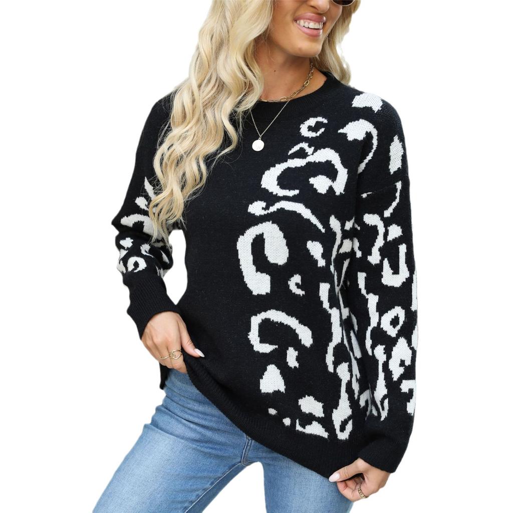 Knitted Jacquard Sweater Women's Fall and Winter Round Neck Pullover Leopard Print Long-sleeved Medium-length Bottoming Shirt