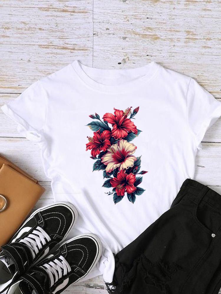 (Азиатский размер) Одежда Топ акварельный цветочный тренд Футболка с коротким рукавом Повседневная футболка с круглым вырезом Модные женские принты для женщин Женские графические футболки