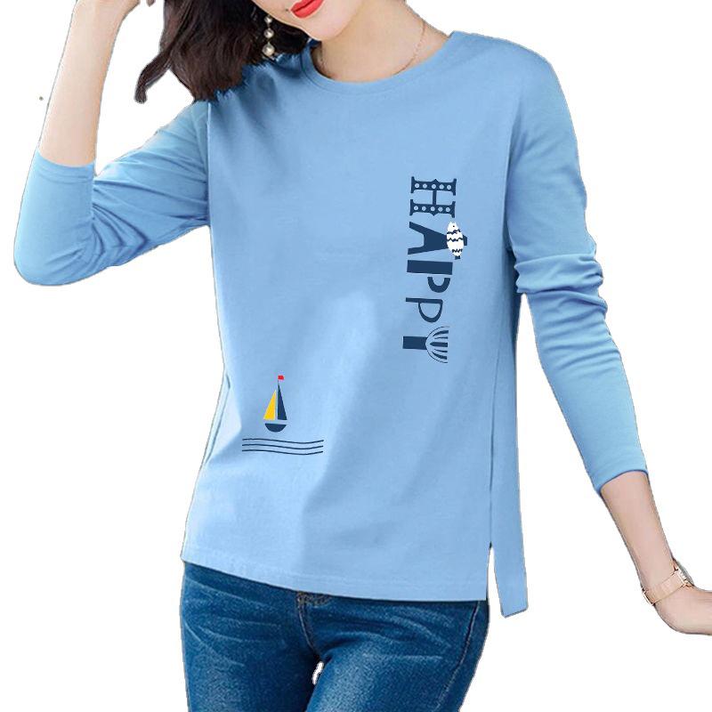 Женская футболка Slim Fit из хлопка с принтом и длинными рукавами - Круглый вырез, разрез по низу