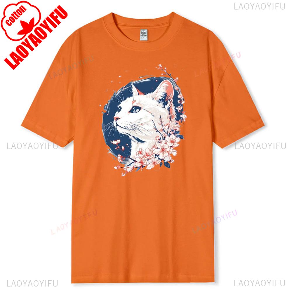 Japanese Cat Tshirt Kawaii Y2k Graphic Japan Sakura Shirt Cute Anime Streetwear Top Unisex Cotton Tshirt Harajuku Breathable