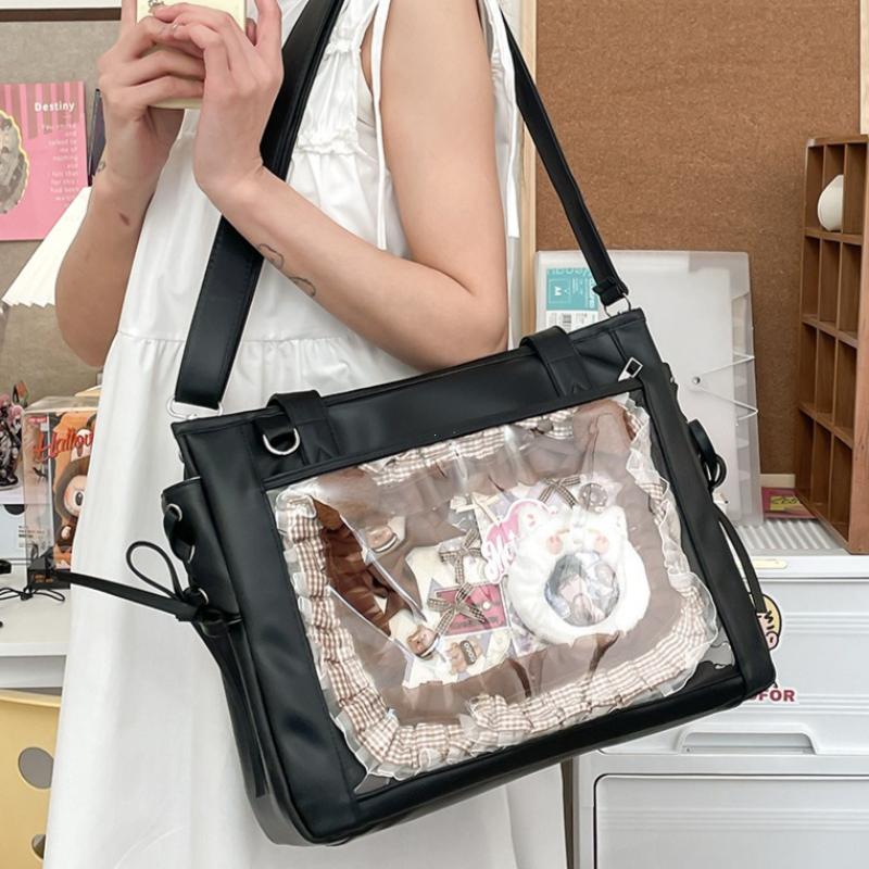 Y2K PU Large Ita Bag with Insert Women High Quality Big Clear Window Shoulder Bag Anime Pin Display Girl Bow Handbags
