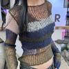 Летний винтажный ажурный ленивый красивый короткий топ сексуальный пэчворк полосатый вязаный свитер женский свитер