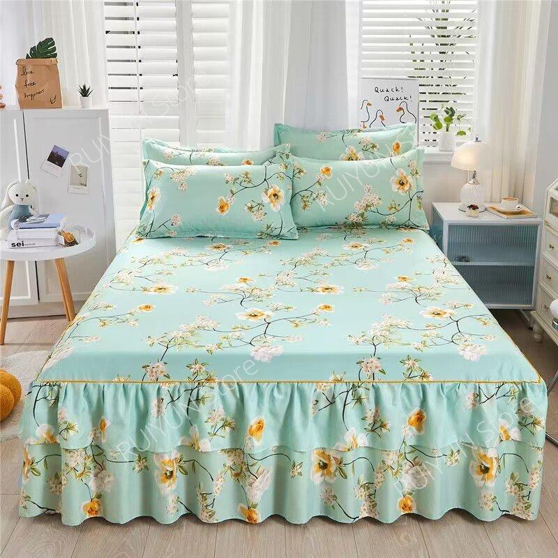 New Princess Printed Double Layers Bed Skirt Non-slip Mattress Cover Home Bedroom Soft Bedspread Bed Skirt Bedsheet Bed Cover