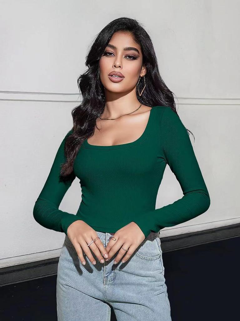 Spring women's tops slim fit short long sleeve square neck T-shirt for hot girls casual and versatile