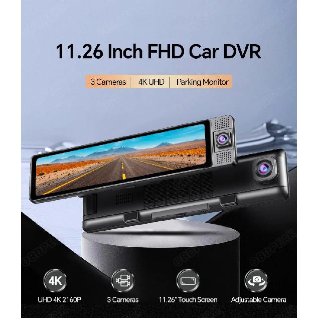H330 11.26" Rearview Mirror 3 Cameras Front Inside Rear 4K+1080P+1080P Dash Cam Infrared Night Vision WIFI GPS Video Recorder