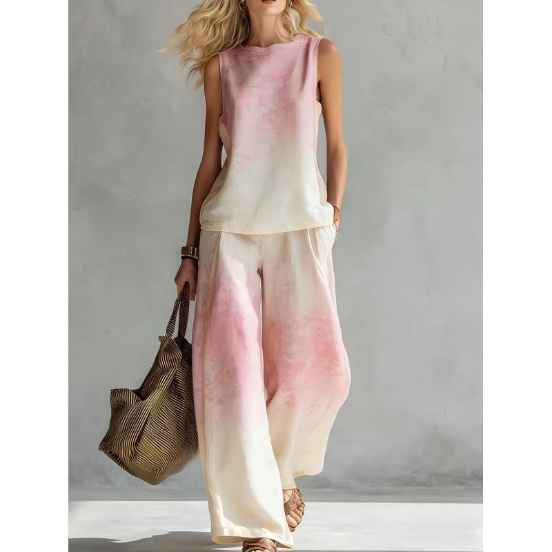 Crew neck top wide leg pants two-piece set women's casual suit European and American summer new rainbow tie-dye sleeveless