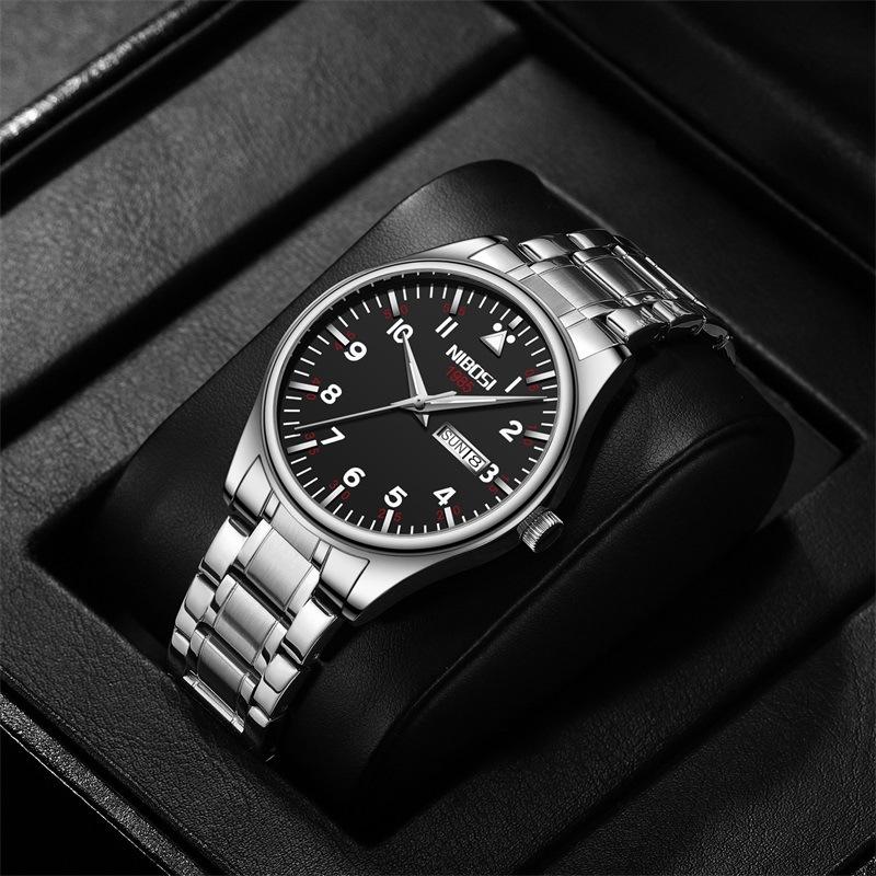 NIBOSI модные классические студенческие часы с двойным календарем, светящиеся в темноте водонепроницаемые кварцевые мужские часы со стальным ремешком