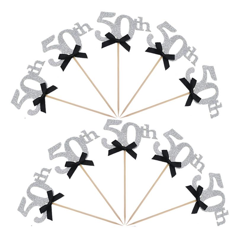10 шт. золотые серебряные украшения для торта на 30-е, 40-е, 50-е, 60-е годы, украшение для вечеринки по случаю дня рождения, украшения для кексов с черным бантом на годовщину для взрослых
