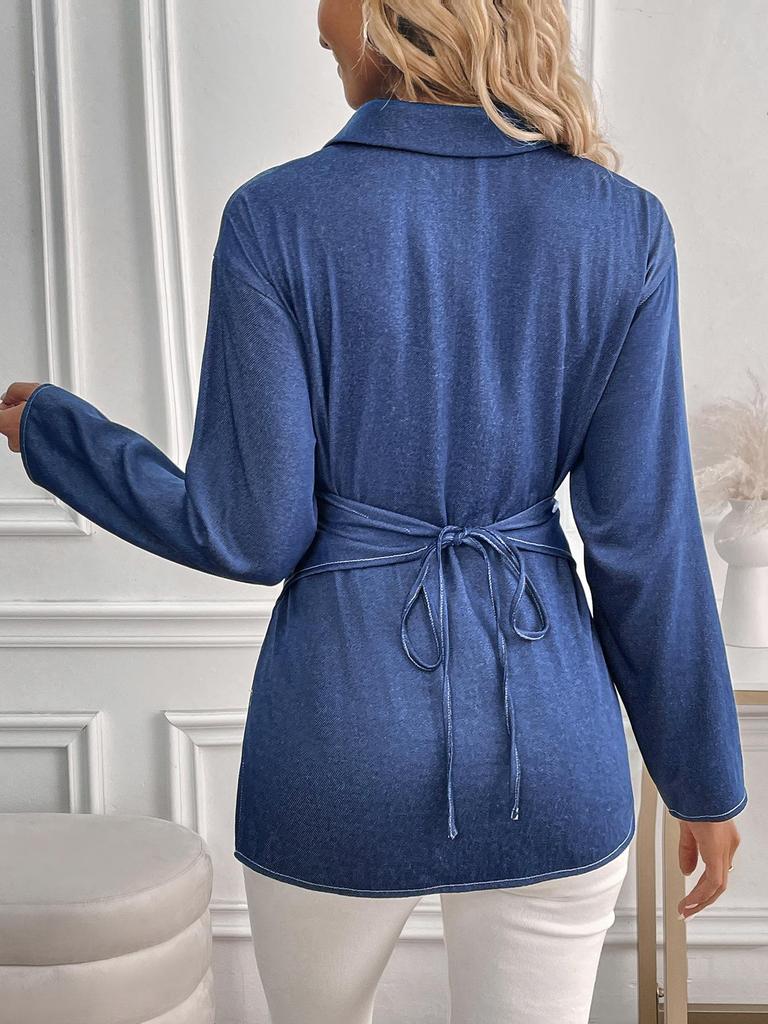 2024 Осень Французская Женская Рубашка с Длинным Рукавом, Рюшами и Перекрестной Завязкой