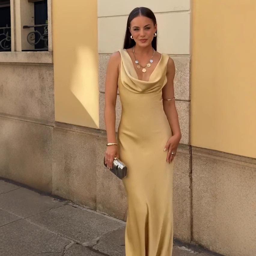 Летнее женское европейское и американское вечернее платье с открытой спиной и драпированным вырезом