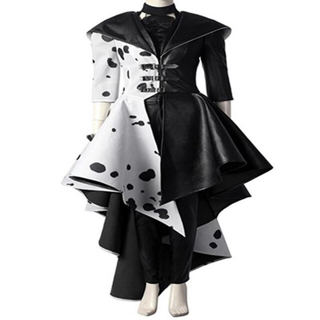2025 Cruella De Vil Cosplay Costume Adult Women Cruella Black White Polka Dot Dress Jacket Cruella Cosplay Costume Coat Dress Outfit