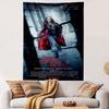 A woman in a red cloak running through a snowy, shadowy forest. Patterned tapestry for bedroom and living room home decor