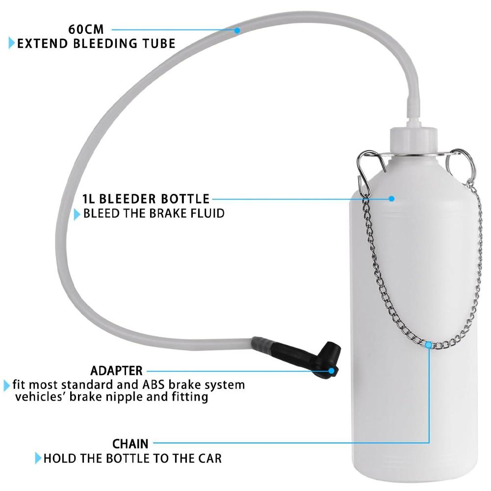 Transparent Brake Fluid Reservoir 1L Brake Bleeder Bottle with 60cm Hose & Universal Rubber Adapter Manual Brake Bleeder Device